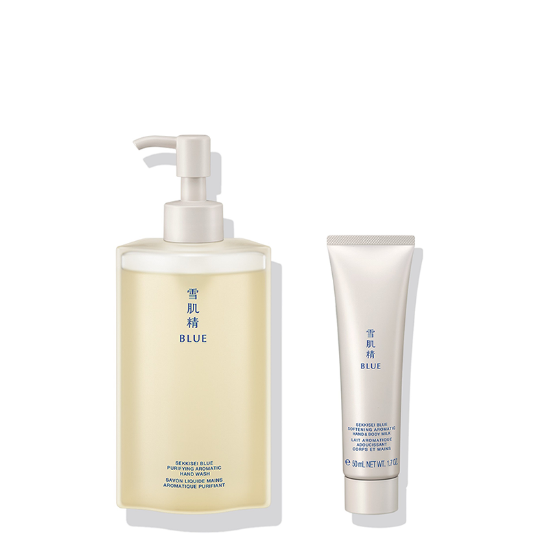 写真：雪肌精 BLUE ・ピュリファイング アロマ ハンド ウォッシュ ・ソフニング アロマ ハンド ＆ ボディ ミルク