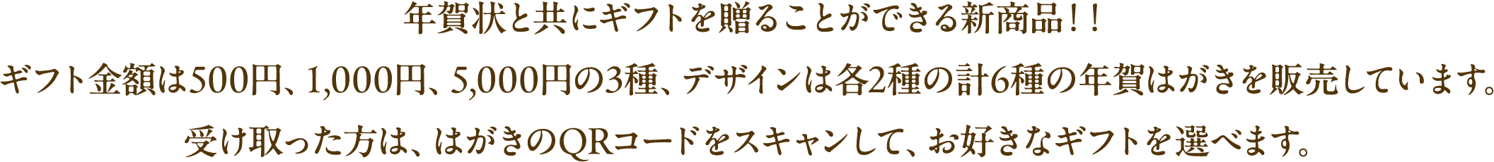 年賀状と共にギフトを贈ることができる新商品！！ギフト金額は500円、1,000円、5,000円の3種、デザインは各2種の計6種の年賀はがきを販売しています。受け取った方は、はがきのQRコードをスキャンして、お好きなギフトを選べます。